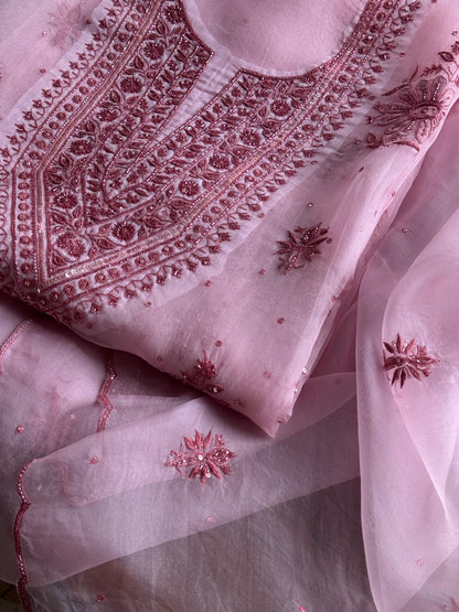 Pearl Pink Noor Organza Silk Chikankari Unstitched Kurta Dupatta Set