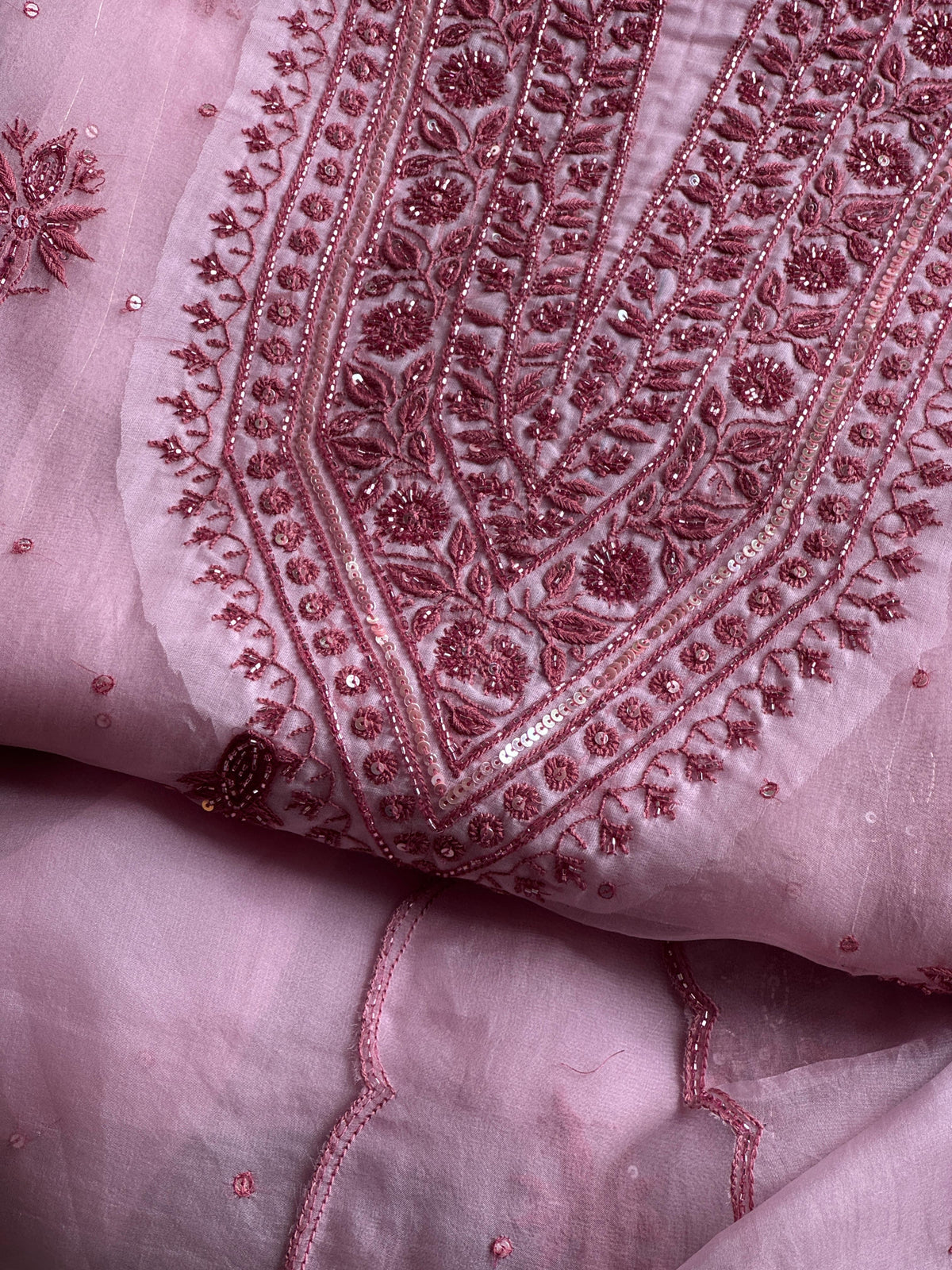 Pearl Pink Noor Organza Silk Chikankari Unstitched Kurta Dupatta Set
