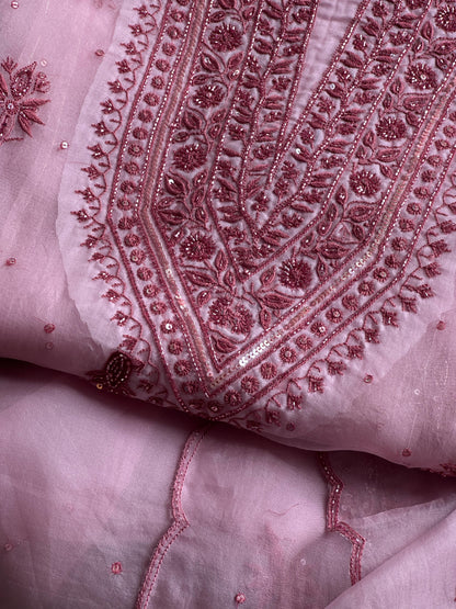 Pearl Pink Noor Organza Silk Chikankari Unstitched Kurta Dupatta Set