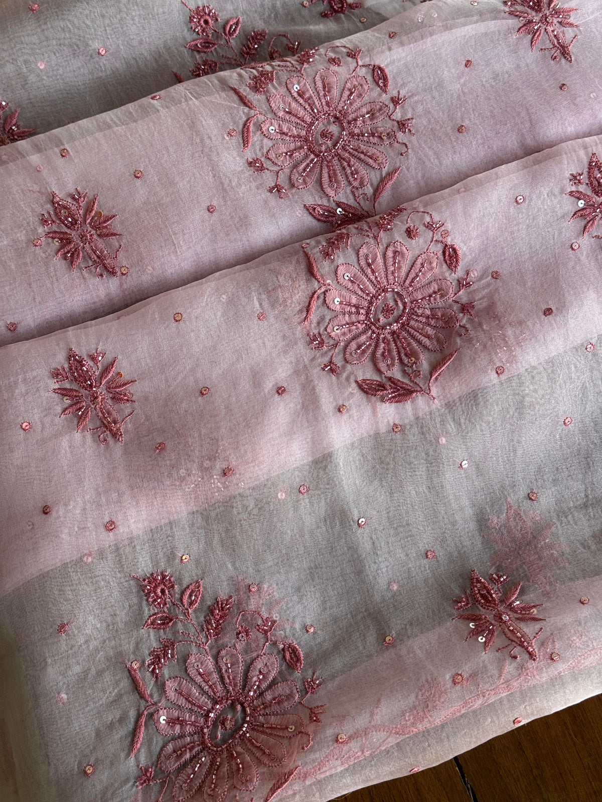 Pearl Pink Noor Organza Silk Chikankari Unstitched Kurta Dupatta Set