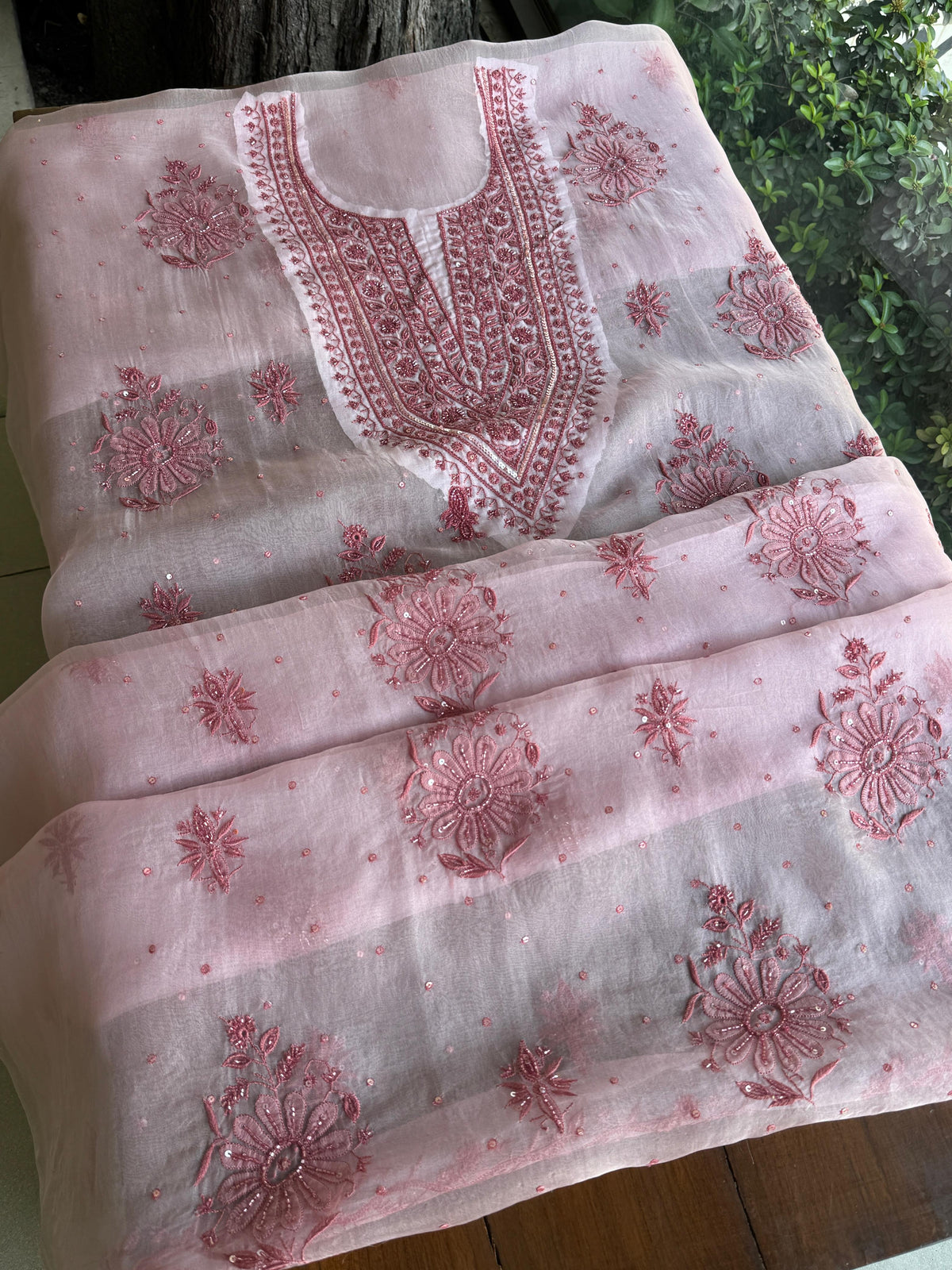 Pearl Pink Noor Organza Silk Chikankari Unstitched Kurta Dupatta Set