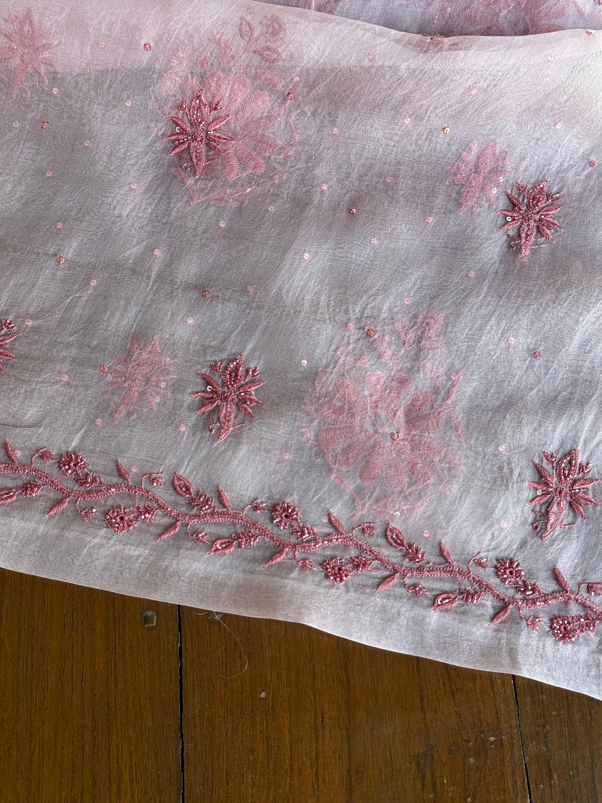 Pearl Pink Noor Organza Silk Chikankari Unstitched Kurta Dupatta Set