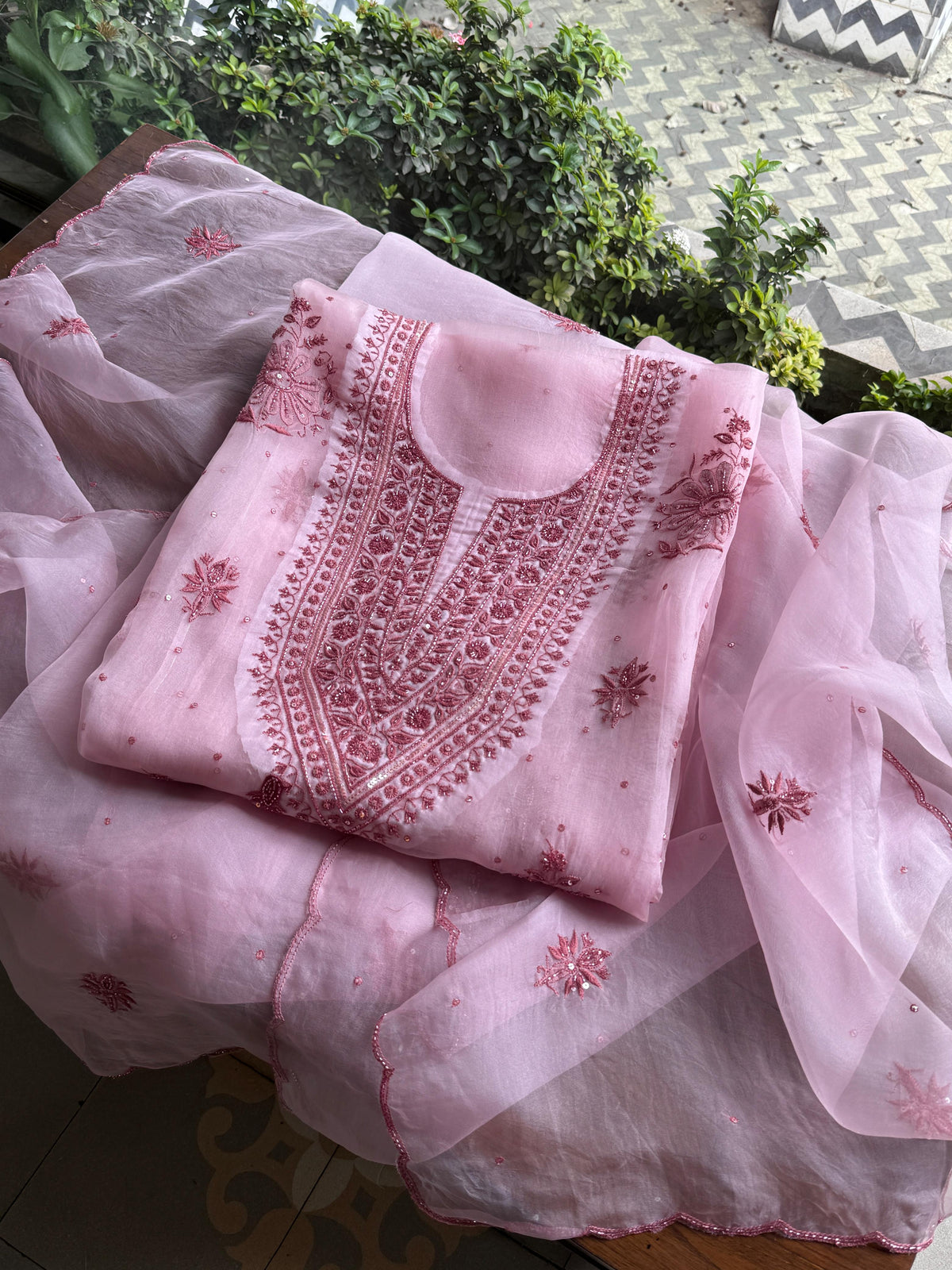 Pearl Pink Noor Organza Silk Chikankari Unstitched Kurta Dupatta Set