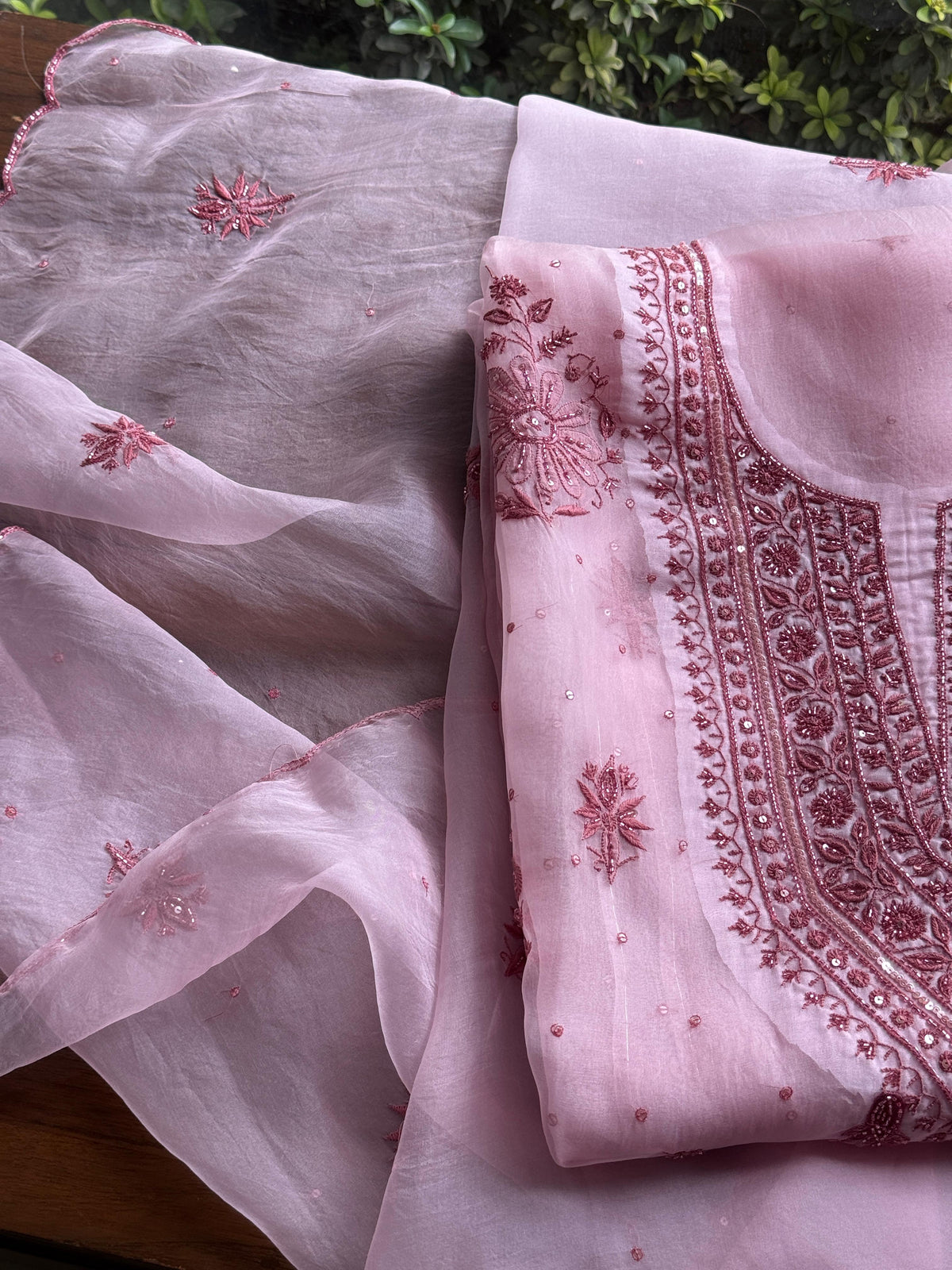 Pearl Pink Noor Organza Silk Chikankari Unstitched Kurta Dupatta Set