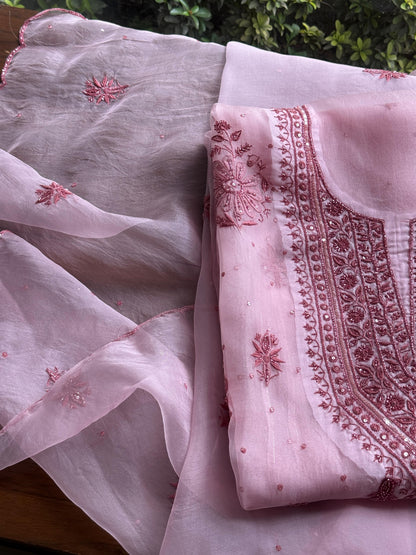 Pearl Pink Noor Organza Silk Chikankari Unstitched Kurta Dupatta Set