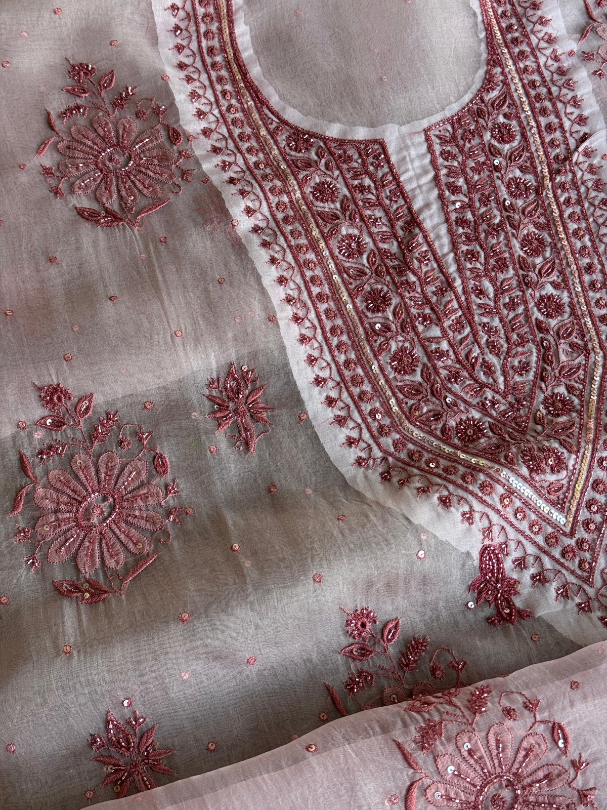 Pearl Pink Noor Organza Silk Chikankari Unstitched Kurta Dupatta Set