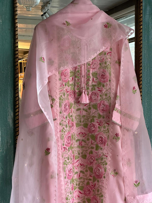Pearl Pink Rose Motifs Chikankari x Applique Organza Kurta Set