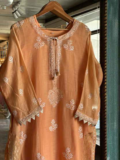 Persian Orange Daraz Applique Chikankari Mukaish Kurta Dupatta Set