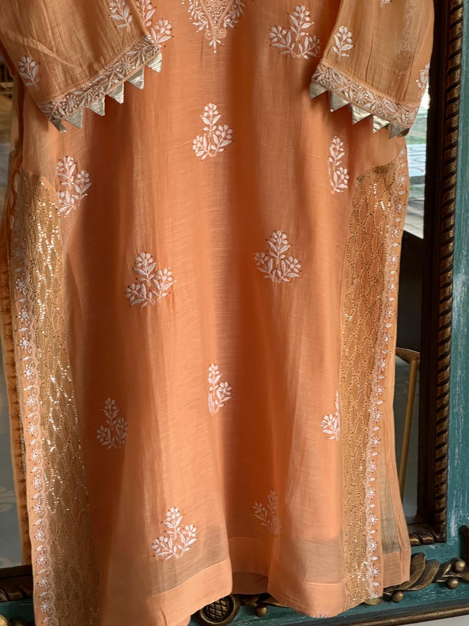 Persian Orange Daraz Applique Chikankari Mukaish Kurta Dupatta Set