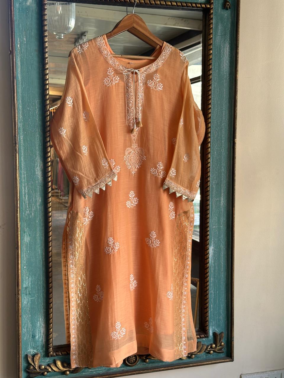 Persian Orange Daraz Applique Chikankari Mukaish Kurta Dupatta Set