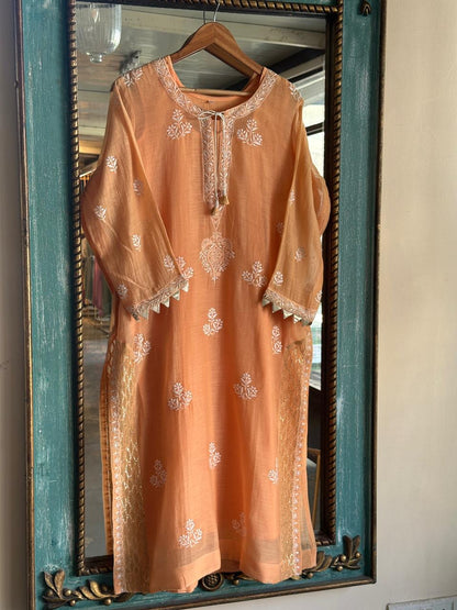 Persian Orange Daraz Applique Chikankari Mukaish Kurta Dupatta Set
