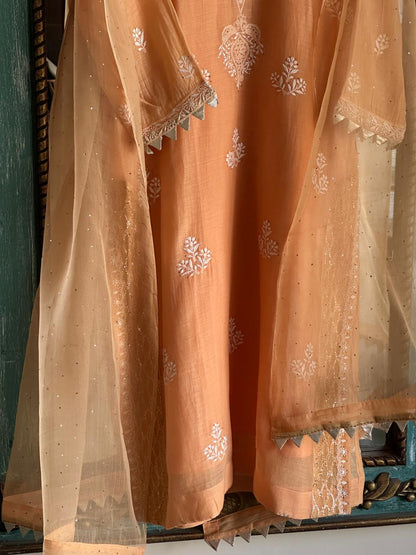 Persian Orange Daraz Applique Chikankari Mukaish Kurta Dupatta Set