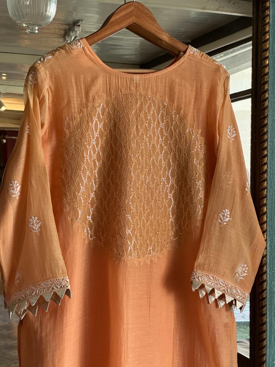 Persian Orange Daraz Applique Chikankari Mukaish Kurta Dupatta Set