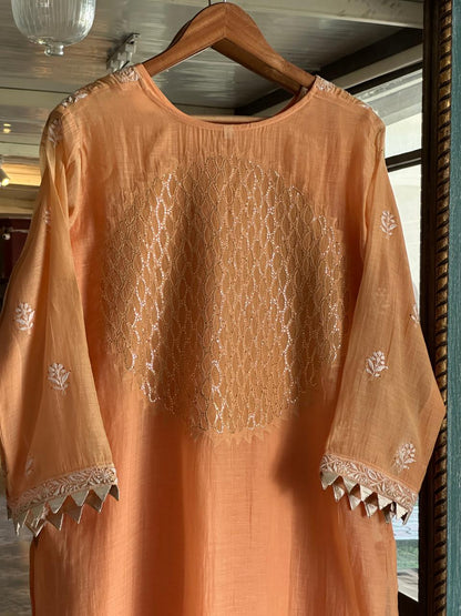 Persian Orange Daraz Applique Chikankari Mukaish Kurta Dupatta Set