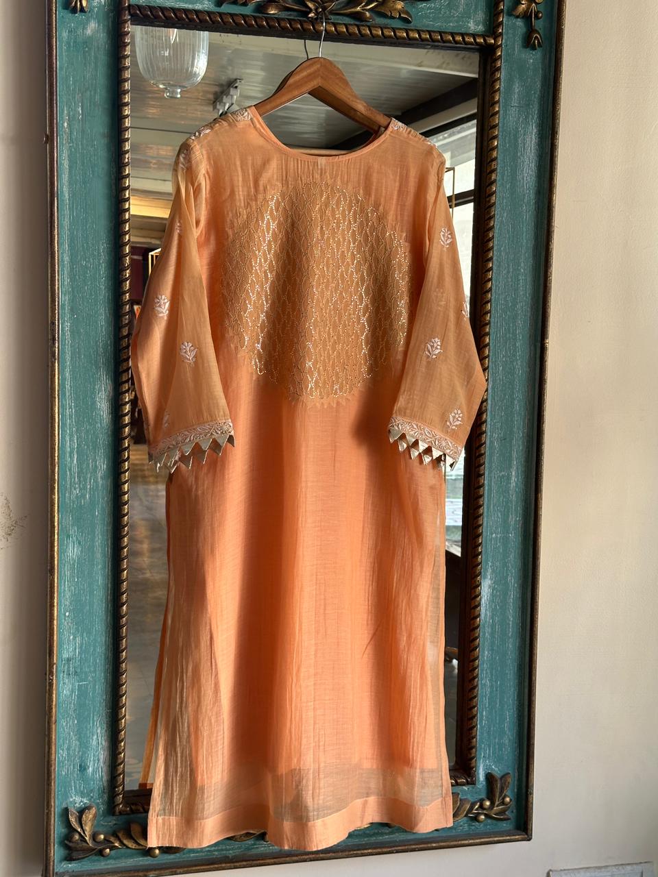 Persian Orange Daraz Applique Chikankari Mukaish Kurta Dupatta Set
