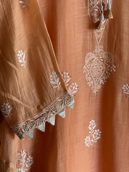 Persian Orange Daraz Applique Chikankari Mukaish Kurta Dupatta Set