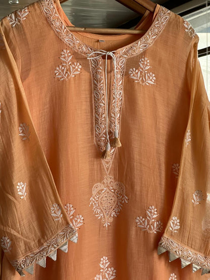 Persian Orange Daraz Applique Chikankari Mukaish Kurta Dupatta Set