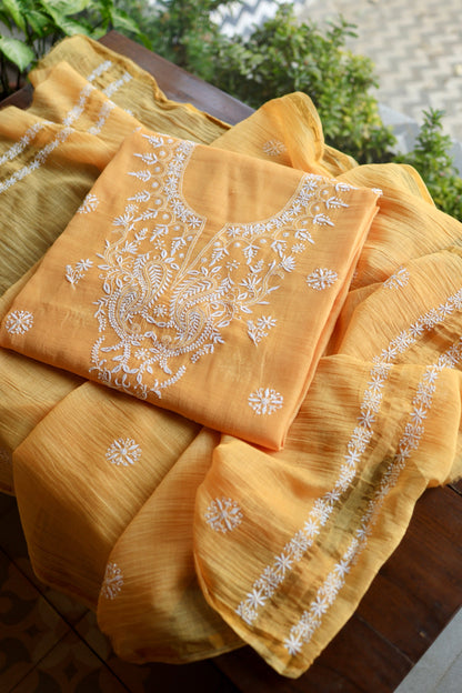 Persian Orange Mal Cotton Fine Chikankari Unstitched Fabric