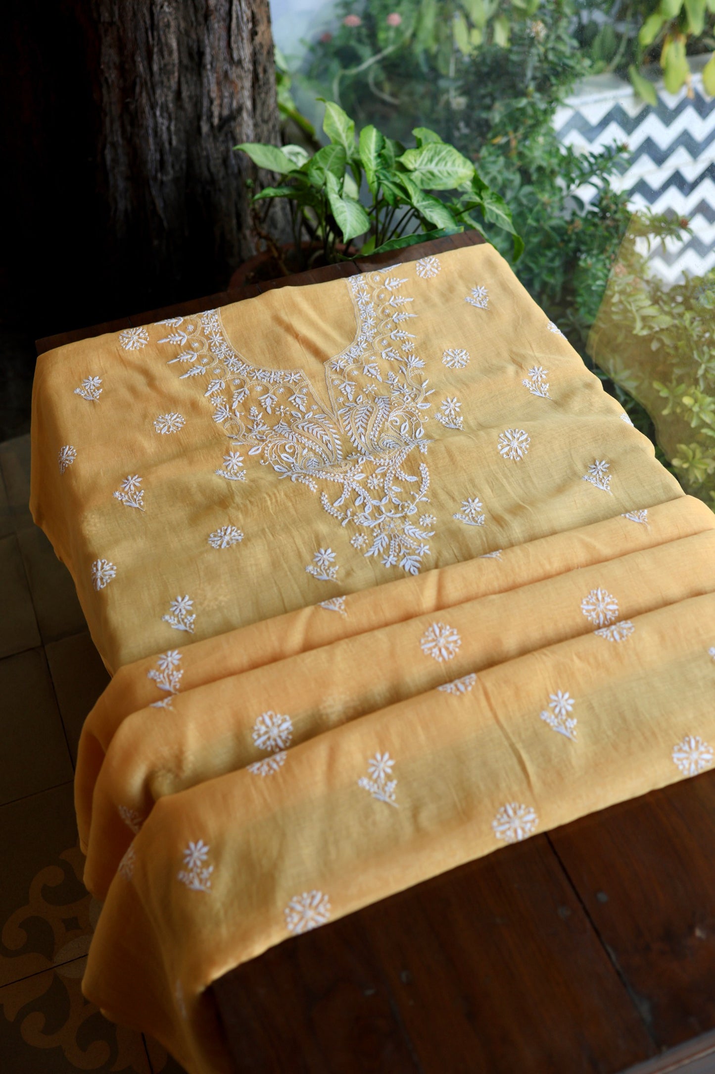 Persian Orange Mal Cotton Fine Chikankari Unstitched Fabric