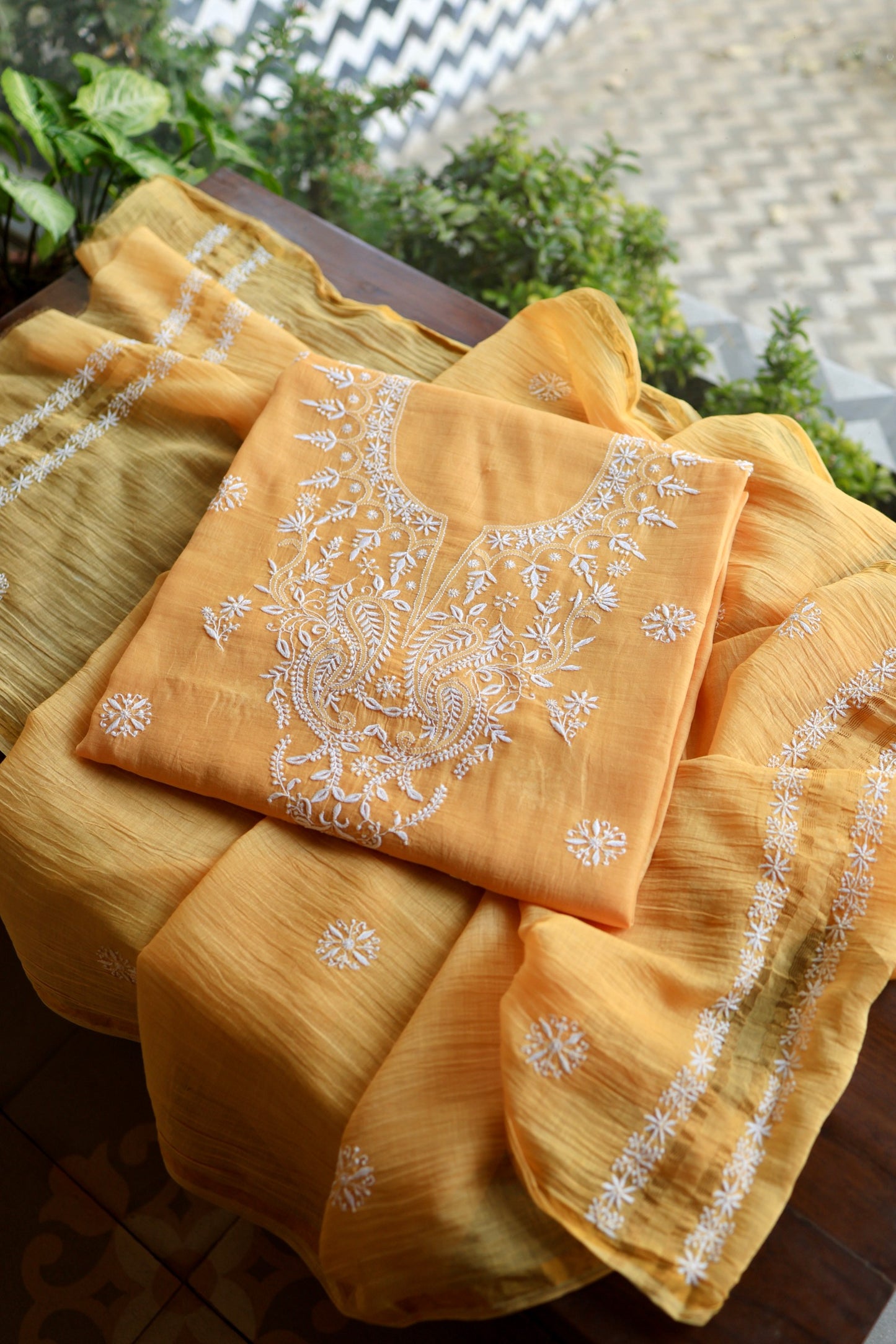 Persian Orange Mal Cotton Fine Chikankari Unstitched Fabric