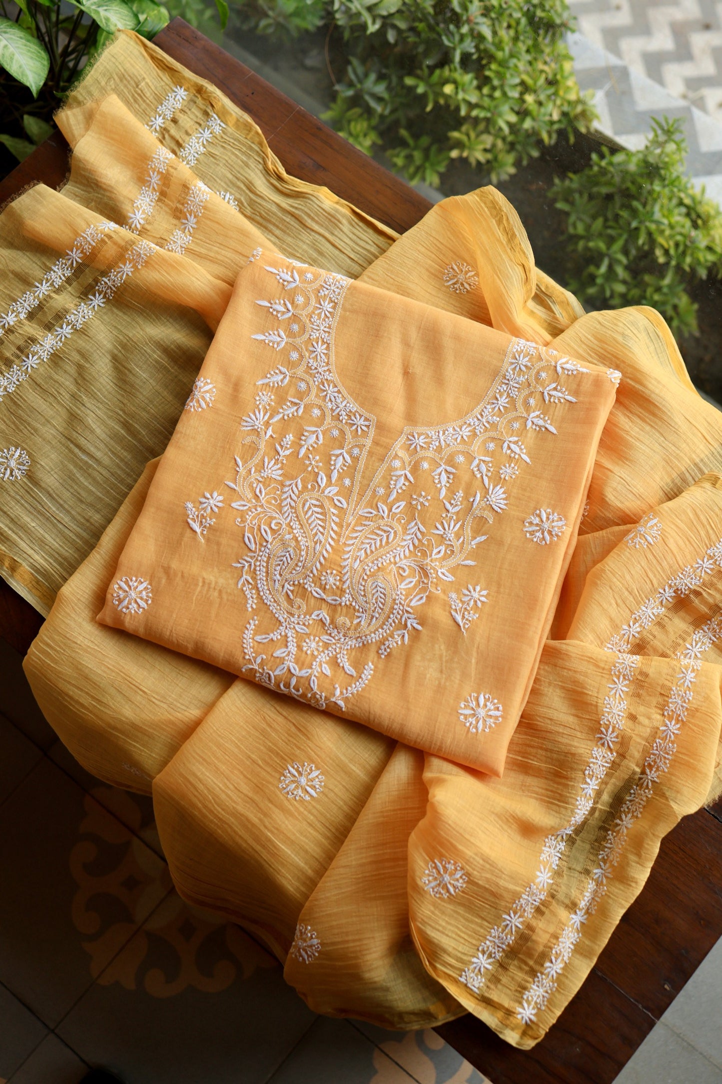 Persian Orange Mal Cotton Fine Chikankari Unstitched Fabric