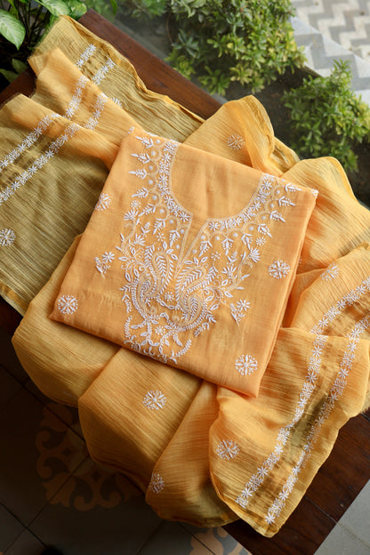 Persian Orange Mal Cotton Fine Chikankari Unstitched Fabric