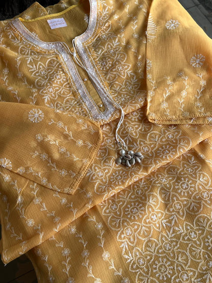Persian Orange Shade Semi Stitched Kota Tepchi Chikankari Kurta Dupatta Set