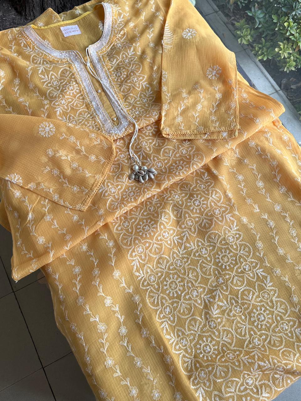 Persian Orange Shade Semi Stitched Kota Tepchi Chikankari Kurta Dupatta Set