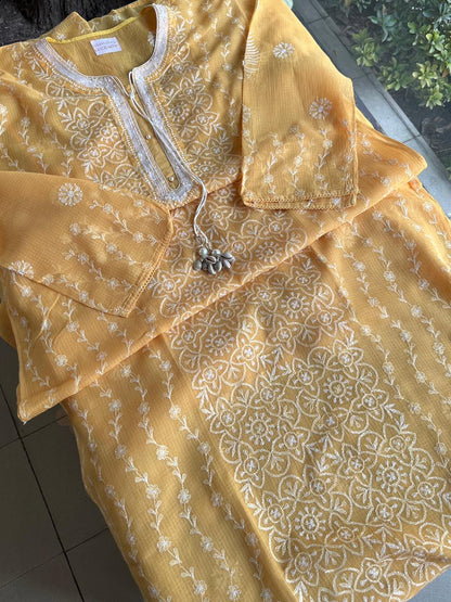 Persian Orange Shade Semi Stitched Kota Tepchi Chikankari Kurta Dupatta Set