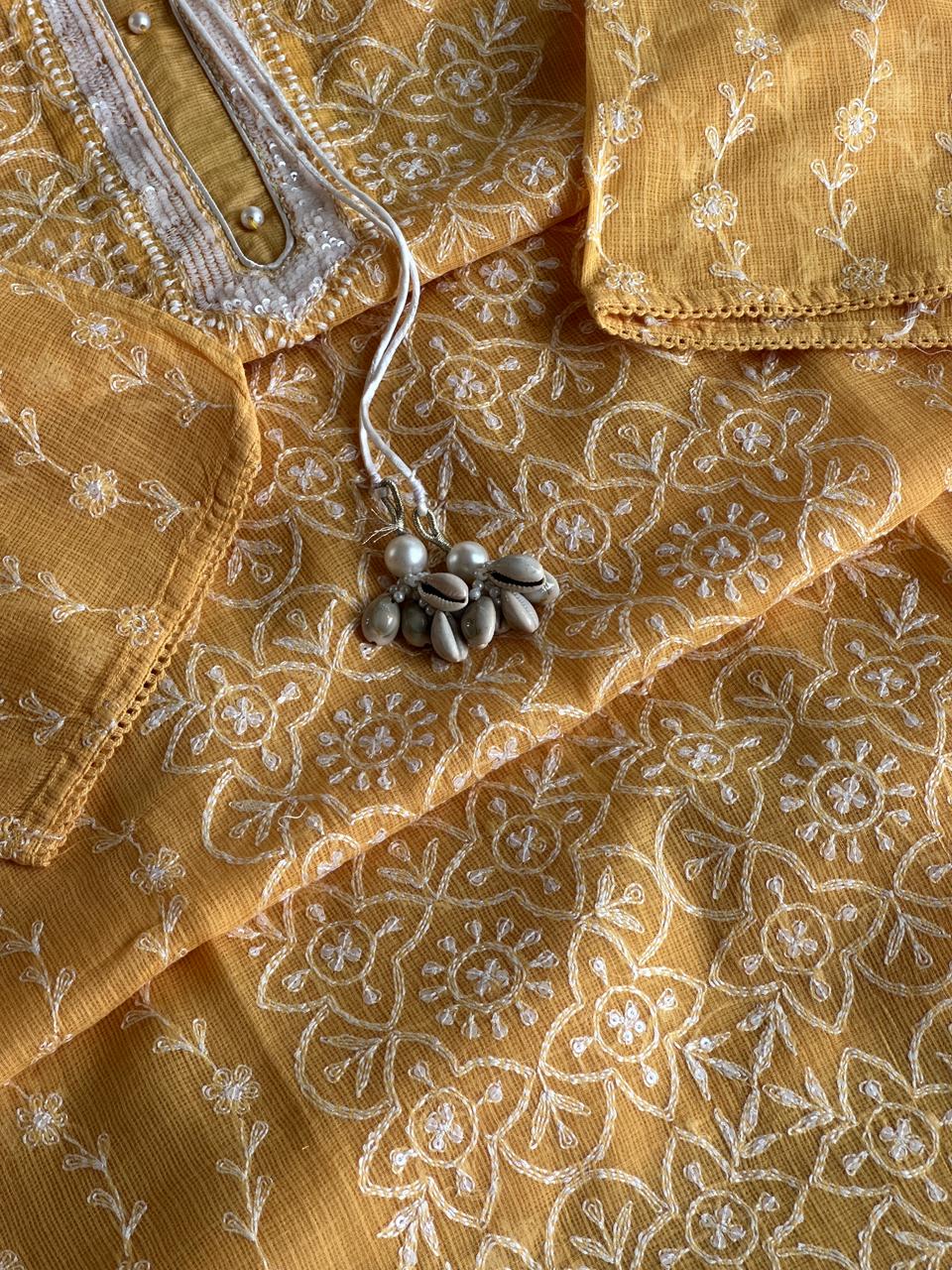 Persian Orange Shade Semi Stitched Kota Tepchi Chikankari Kurta Dupatta Set