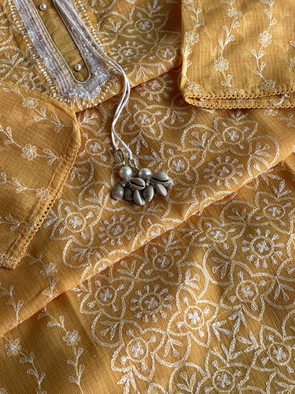 Persian Orange Shade Semi Stitched Kota Tepchi Chikankari Kurta Dupatta Set