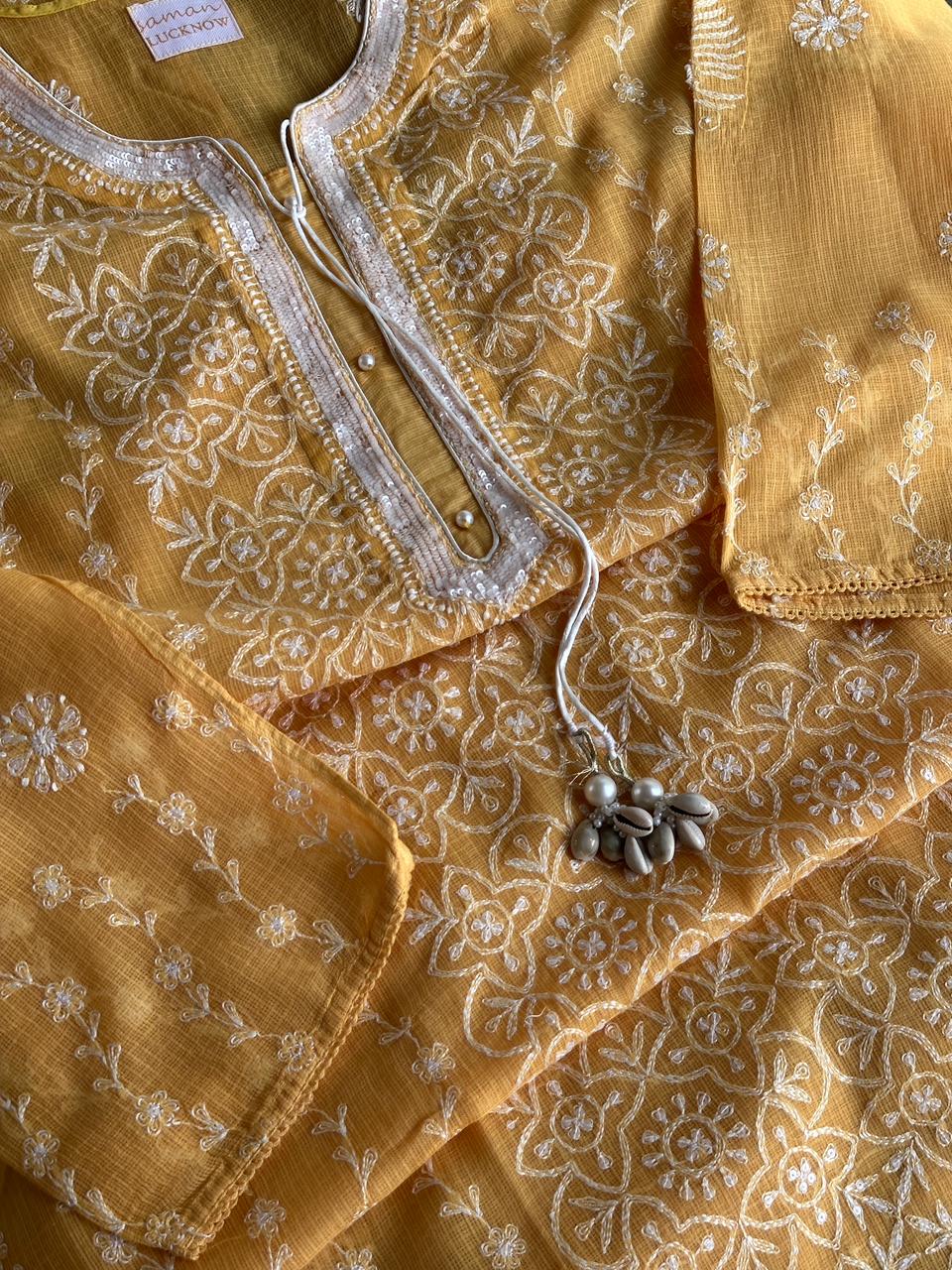 Persian Orange Shade Semi Stitched Kota Tepchi Chikankari Kurta Dupatta Set