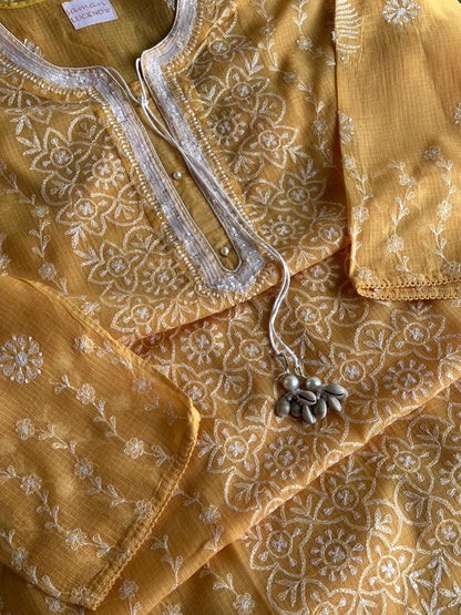 Persian Orange Shade Semi Stitched Kota Tepchi Chikankari Kurta Dupatta Set