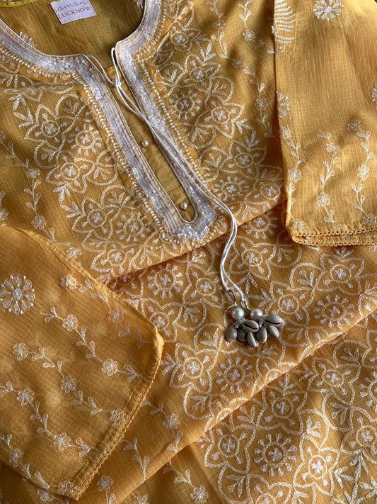 Persian Orange Shade Semi Stitched Kota Tepchi Chikankari Kurta Dupatta Set