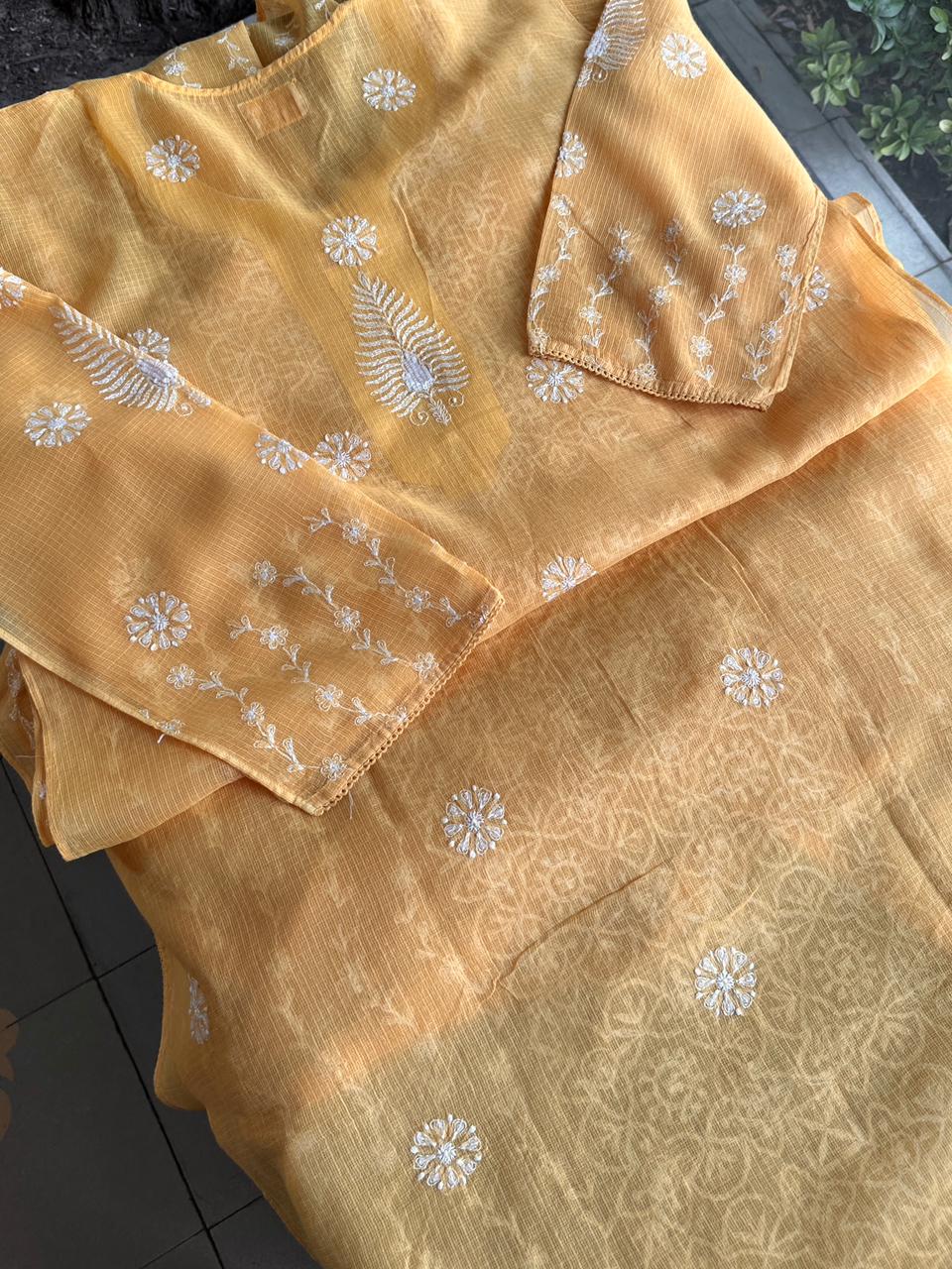 Persian Orange Shade Semi Stitched Kota Tepchi Chikankari Kurta Dupatta Set