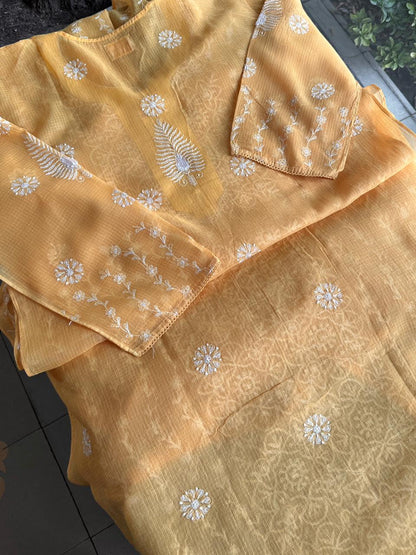Persian Orange Shade Semi Stitched Kota Tepchi Chikankari Kurta Dupatta Set
