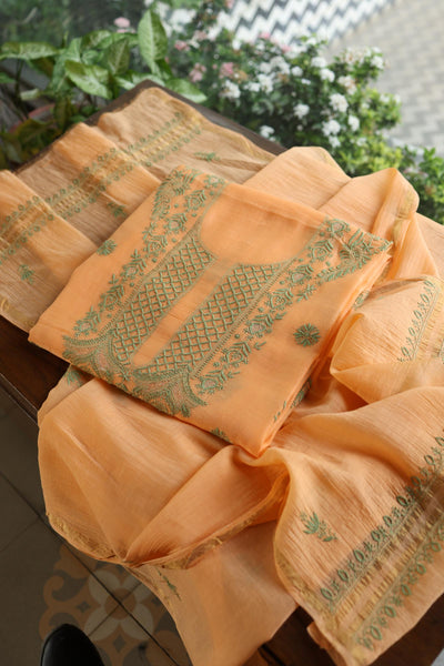 Persian Orange Shade Mal Cotton Chikankari Unstitched Kurta Dupatta Fabrics With Kamdani