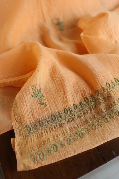 Persian Orange Shade Mal Cotton Chikankari Unstitched Kurta Dupatta Fabrics With Kamdani