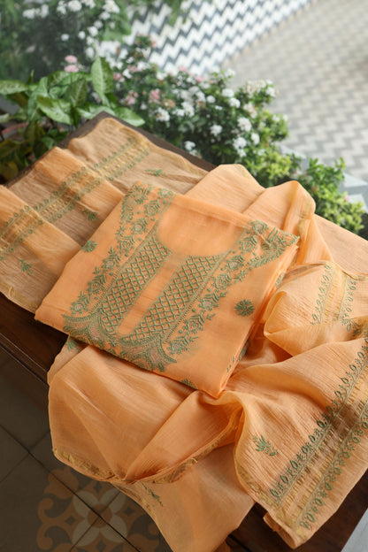 Persian Orange Shade Mal Cotton Chikankari Unstitched Kurta Dupatta Fabrics With Kamdani
