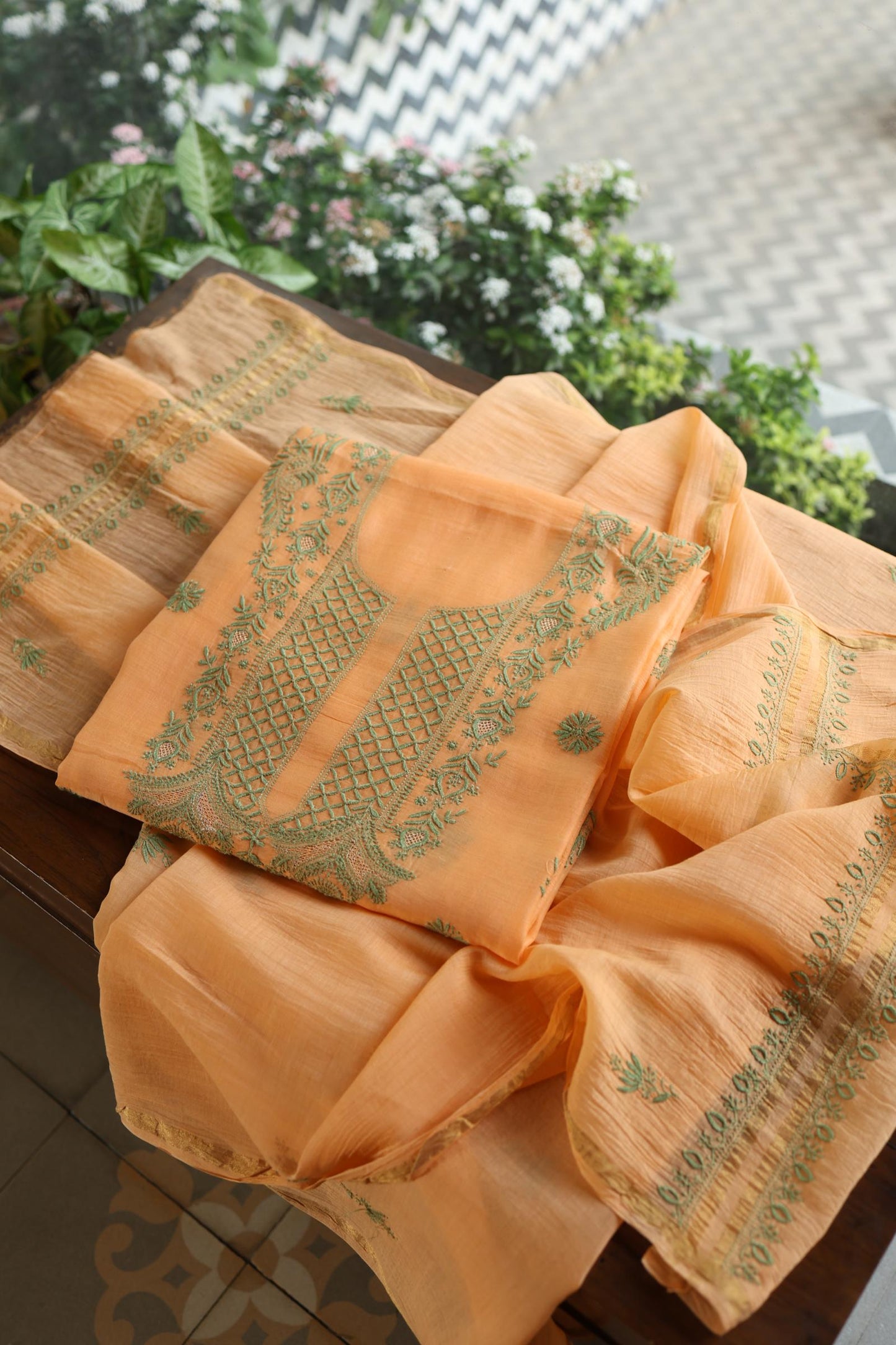 Persian Orange Shade Mal Cotton Chikankari Unstitched Kurta Dupatta Fabrics With Kamdani