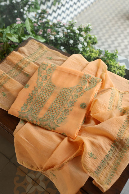 Persian Orange Shade Mal Cotton Chikankari Unstitched Kurta Dupatta Fabrics With Kamdani