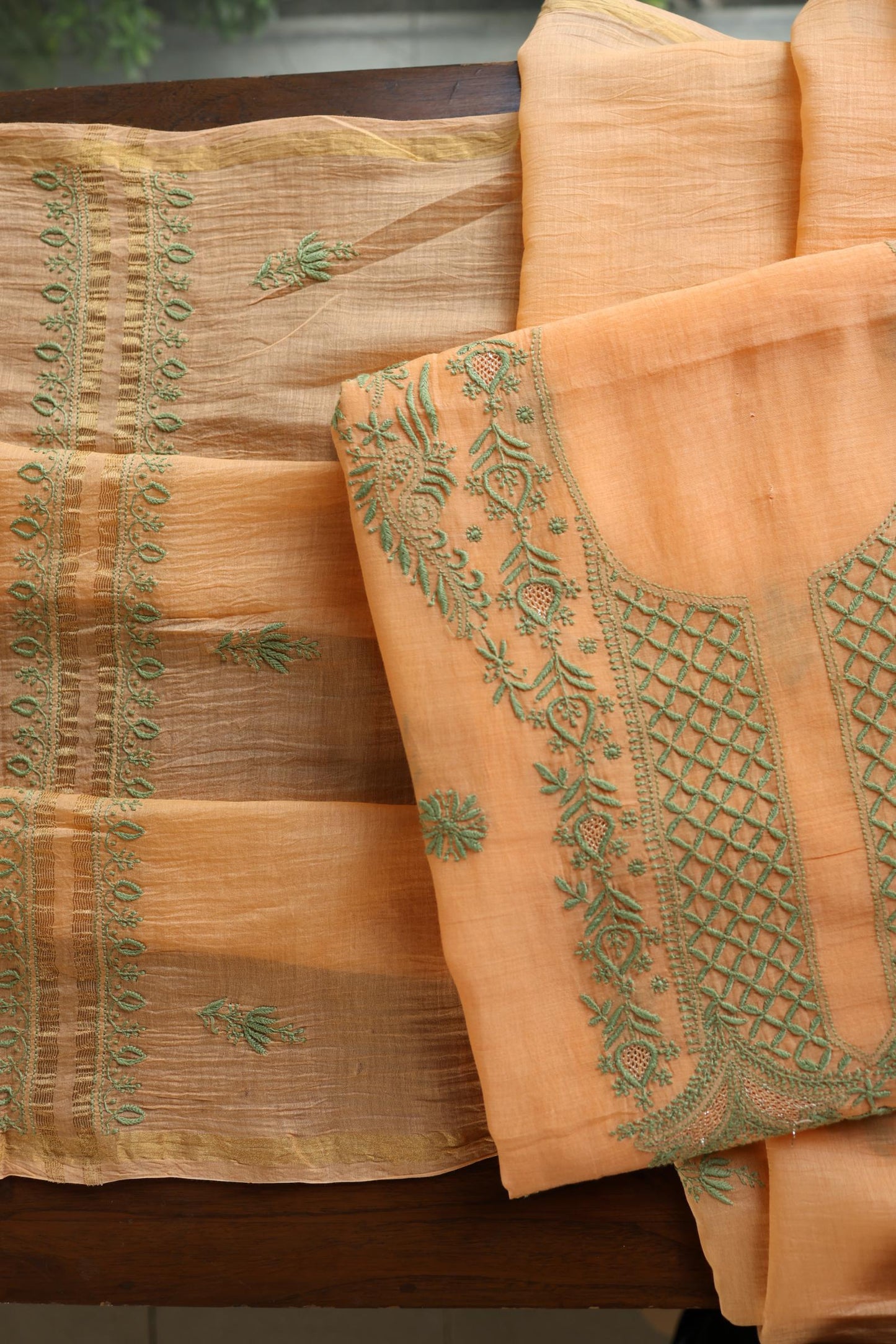 Persian Orange Shade Mal Cotton Chikankari Unstitched Kurta Dupatta Fabrics With Kamdani