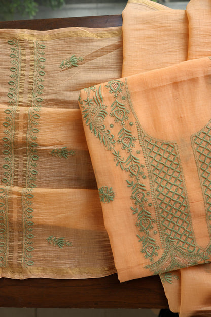 Persian Orange Shade Mal Cotton Chikankari Unstitched Kurta Dupatta Fabrics With Kamdani