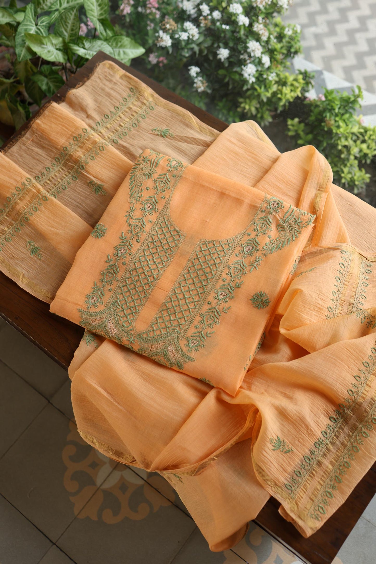 Persian Orange Shade Mal Cotton Chikankari Unstitched Kurta Dupatta Fabrics With Kamdani