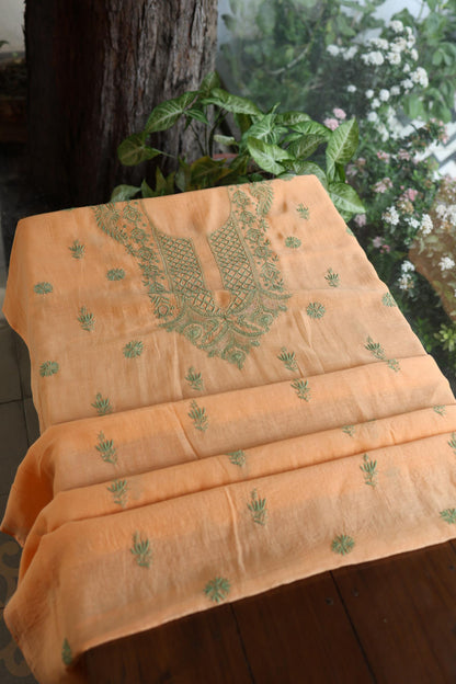 Persian Orange Shade Mal Cotton Chikankari Unstitched Kurta Dupatta Fabrics With Kamdani