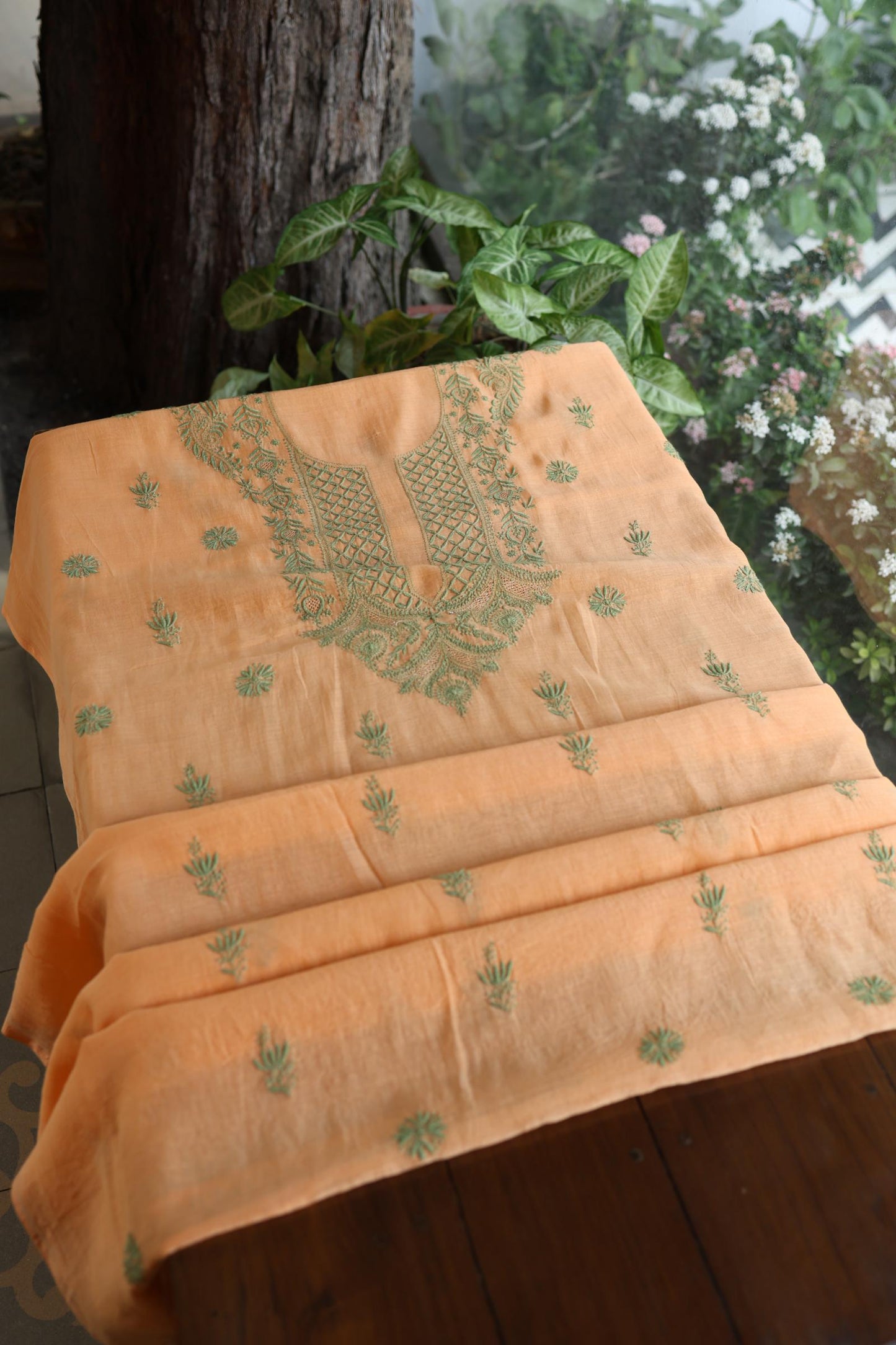 Persian Orange Shade Mal Cotton Chikankari Unstitched Kurta Dupatta Fabrics With Kamdani
