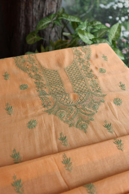 Persian Orange Shade Mal Cotton Chikankari Unstitched Kurta Dupatta Fabrics With Kamdani