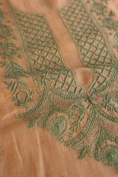 Persian Orange Shade Mal Cotton Chikankari Unstitched Kurta Dupatta Fabrics With Kamdani