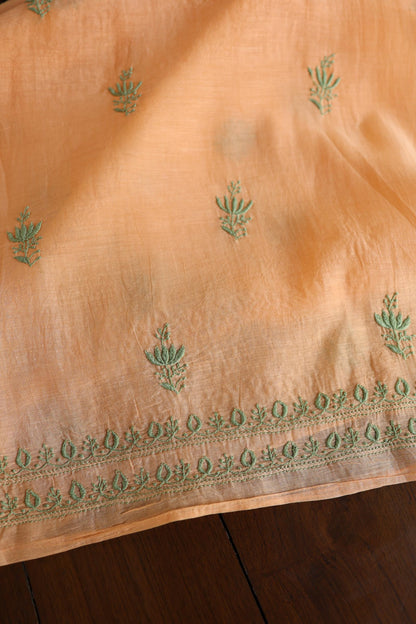 Persian Orange Shade Mal Cotton Chikankari Unstitched Kurta Dupatta Fabrics With Kamdani