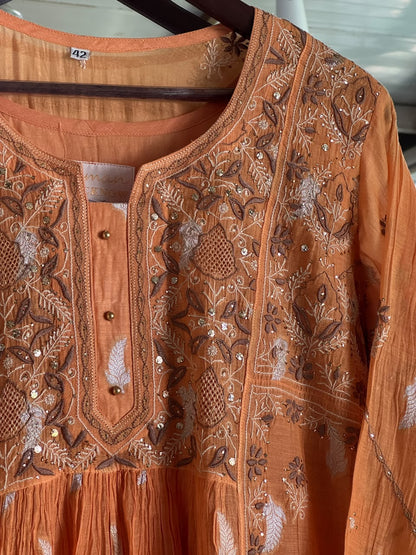 Persian Orange Zari Chanderi Chikankari Ready to Wear Tunics